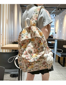 Detailed view of white backpack with 3D cartoon bear pattern and plush bear charm