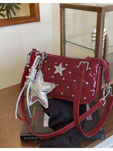 Rhinestone Rhombic Quilted Star Small Square Bag PU Leather Shoulder Crossbody Bag With Star Pendant Trendy Y2K Women Jewelry Bag