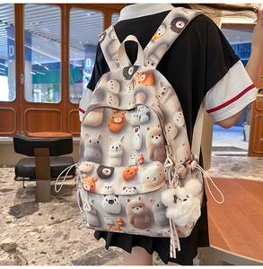 Detailed view of grey school backpack with 3D cartoon animal prints and bear plush charm