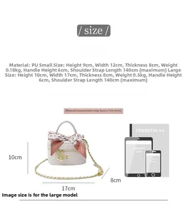 Size chart showing large and small white quilted crossbody bags with chain straps