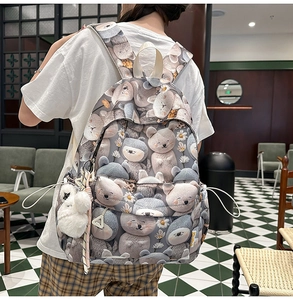 Close-up of cute bear print backpack with soft plush ball charm and side pockets