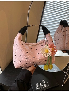 Damen Mode Plissee Hobo Tasche Mit Schleife Druck Blumenanhänger PU Leder Umhängetasche Lässig Koreanische Schultertasche Handtasche