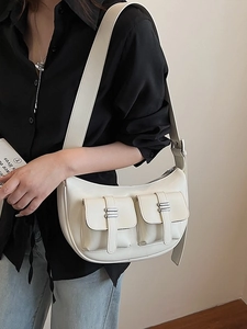 Women PU Leather Crescent Shoulder Bag Motorcycle Style Multi Pocket Underarm Bag Casual Crossbody Bag Solid Color Fashion Handbag