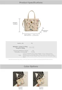 Detailed size guide for casual PU bucket bag with print in large and small versions
