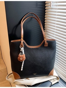 Women Large Capacity Tote Bag Litchi Texture PU Leather Contrast Color Shoulder Bag With Bear Charm Commuting Handbag