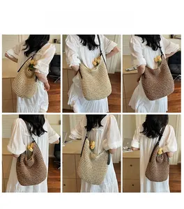 Detailed views of various woven straw tote bags with leather straps on models