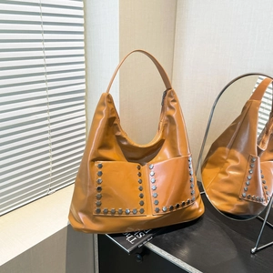 Fashion Women Large Capacity Rivet Tote Bag Glossy PU Leather Hobo Shoulder Bag Urban Motorcycle Style Underarm Bag