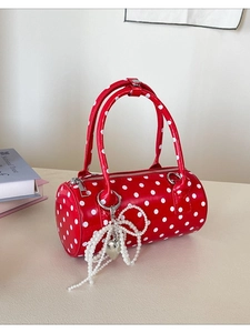 Sac Cylindre à Pois pour Femmes en Cuir PU Sac en Bandoulière Avec Pendentif Coeur Nœud Künstliche Perles Sac à Main Rétro