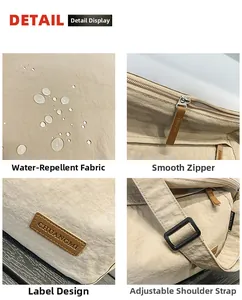 Detailed views of water-resistant nylon fabric, smooth zipper, and adjustable strap on bag