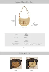 Detailed technical specifications and size chart for the straw woven half-moon bag