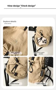 Détails du sac bandoulière en nylon kaki imperméable avec poche à cordon et mousqueton