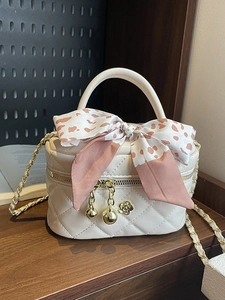 Women Mini Quilted Shoulder Bag PU Leather Gold Ball Chain Crossbody Bag With Scarf Elegant Fashion Handbag For Daily Travel