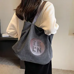 Women Large Capacity Canvas Tote Bag Retro Urban Shoulder Bag With Synthetic Leather Patch Commuter Daily Handbag Fashion Bag