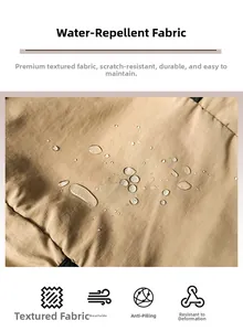 Gros plan du tissu imperméable montrant des gouttes d'eau sur le sac kaki