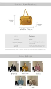 Detailed dimension guide and color options for large versatile solid color tote bag