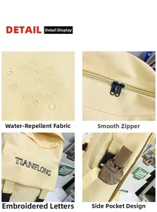 Detail of water-resistant fabric, smooth double zippers, and embroidery on canvas backpack