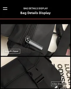 Detail showing smooth metal zipper and durable buckle on black nylon messenger bag