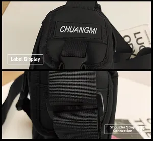 Close-up of CHUANGMI rubber logo and reinforced nylon strap buckle on black messenger bag