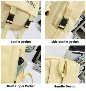 Macro details of canvas backpack showing buckle closures and back anti-theft zipper pocket