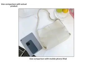Size comparison of cream lychee leather tote bag with iPad and smartphone