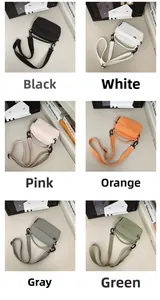 Detailed grid view showing six colors of nylon crossbody bags with adjustable straps