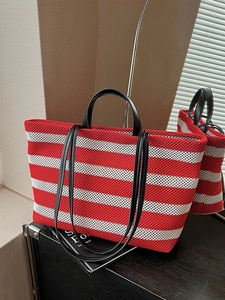 Sac Fourre-tout Rayé Tissé Grande Capacité pour Femmes Sac à Épaule en Maille Contrastée pour Mode Quotidienne Décontractée