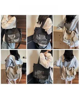 Multi-angle view of large nylon tote bag with transparent pocket and small coin pouch