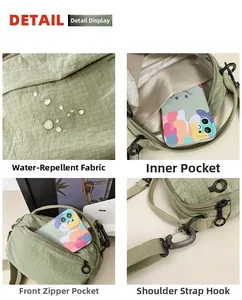 Detail view of water-resistant plaid fabric and interior storage pockets for small crossbody bag