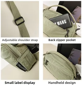 Detailed views of light green crossbody bag showing adjustable strap and zipper pockets