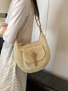 Women Bohemian Straw Woven Crescent Shoulder Bag Handmade Summer Beach Vacation Hobo Bag With Adjustable Strap Large Tote
