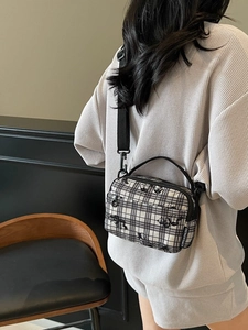 Floral butterfly printed crossbody square bag with black and white checkered pattern
