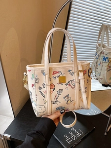 Graffiti Print PU Leather Bucket Bag For Women Fashion Crossbody Shoulder Bag Versatile Commuter Handbag With Strap
