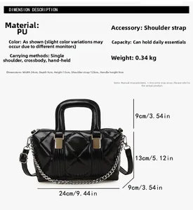 Detailed view of black quilted bag dimensions 24x13x9cm with silver chain and strap
