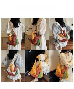 Detailed views of handmade mesh tote bag featuring colorful knitted fish charm accessories