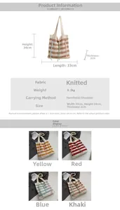 Detail view of large knit tote bag with horizontal stripes, tassels, and product specifications