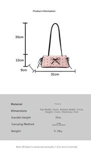 Size chart showing polyester shoulder bag dimensions and strap height in centimeters