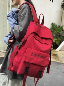 Red large capacity canvas backpack with TIANFLONG embroidery for campus and travel