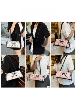 Chic quilted shoulder bag with bow prints and heart charm shown in lifestyle settings