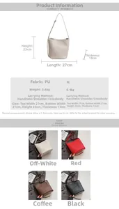 Size chart and technical specifications for woven bucket bag with dimensions and material info