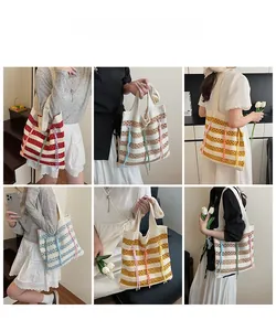 Collage of models wearing colorful striped knit tote bags for summer beach vacations