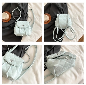 Detailed four-way view of a light blue quilted mini backpack with metal chain straps