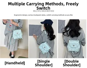 Detailed views of light blue quilted mini backpack showing three versatile wearing modes