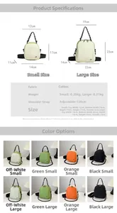 Detailed size guide and color options for the minimalist canvas drawstring crossbody bag