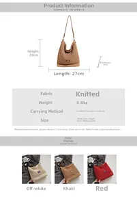 Detailed size chart and multi-color options for the hollow knit woven shoulder bag