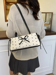 Women Bowknot Shoulder Bag Sweet Quilted Underarm Bag With Heart Pendant Butterfly Print Polyester Handbag For Daily Use