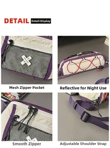 Detail of crossbody bag showing nylon texture, mesh pocket, and reflective zipper cord