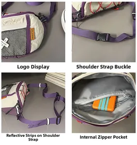 Detail view of nylon chest bag showing buckles, reflective strips and interior storage