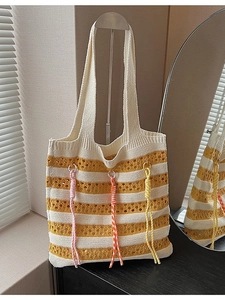 Women Large Capacity Knitted Stripe Tote Bag Handmade Crochet Woven Shoulder Bag Summer Beach Shopping Bag With Colorful Tassel