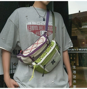 Detail view of purple and green crossbody bags featuring mesh pockets and elastic cords