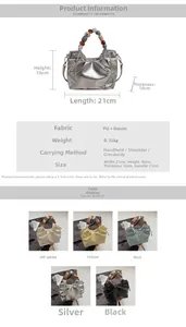 Detailed size specifications for the pleated bucket bag with beaded handle and PU denim fabric